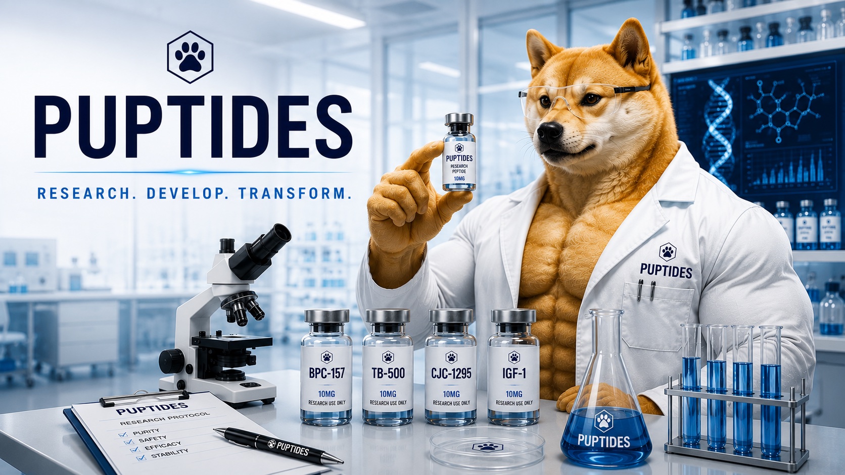 PUPTIDES — Dr. Doge in the laboratory with the research peptide line